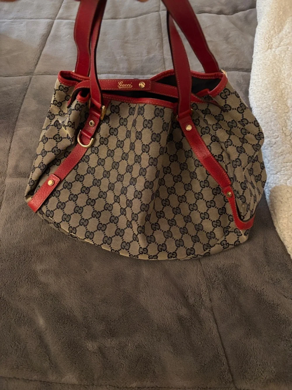 Gucci Beige Monogram Canvas Tote with Red Leather Trim